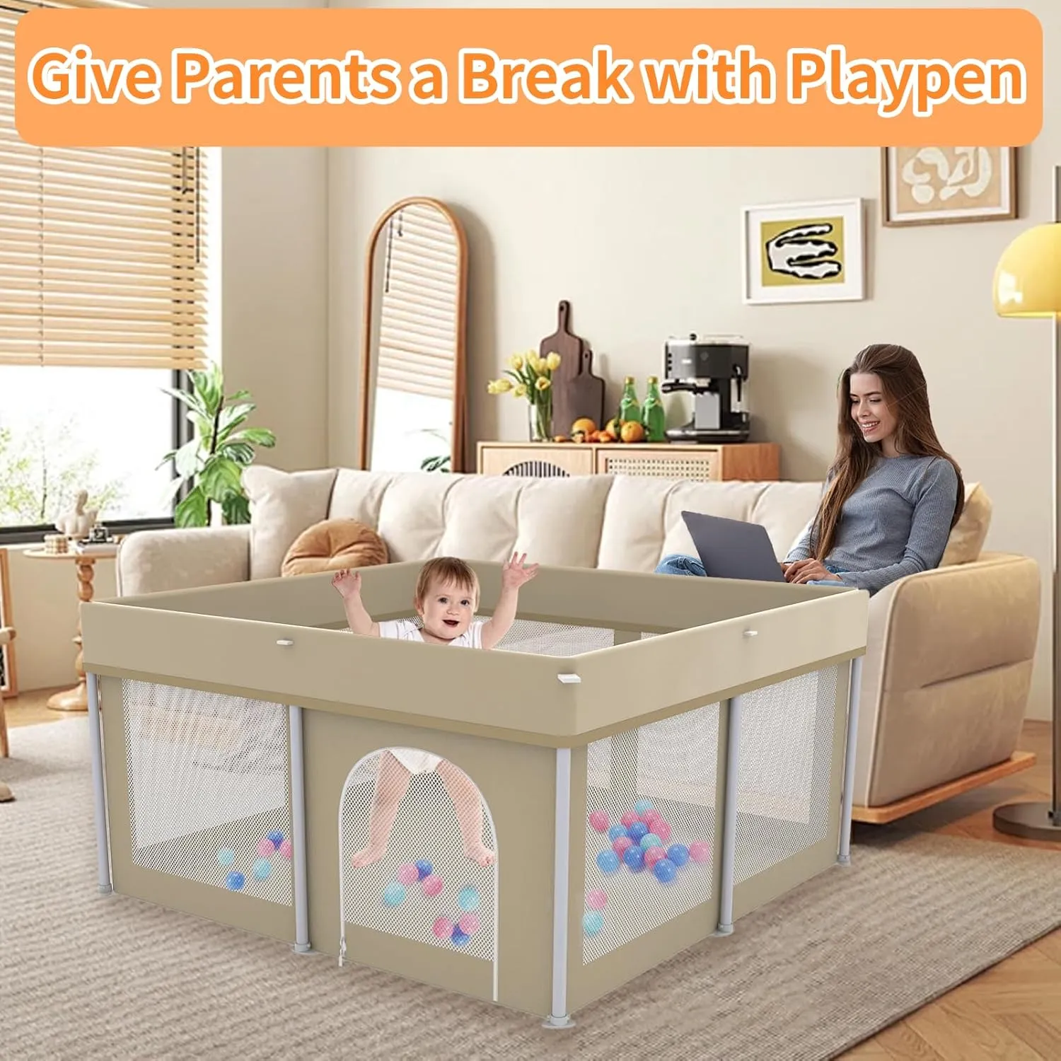 Foldable Playpen 50x50, Foldable Ultra-Portable Baby Playpen, Instantly Deployed in Three Seconds, Safe Baby Playard with Soft Breathable Mesh, Perfect Activity Center for Baby's Play, Beige