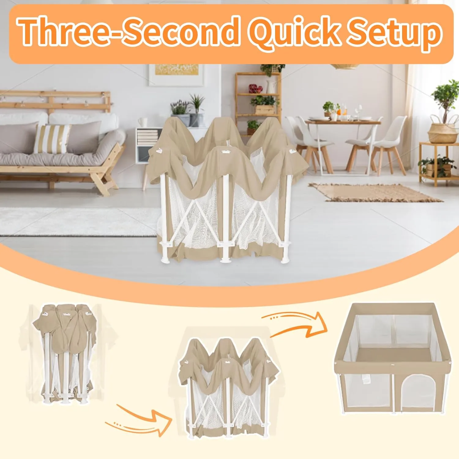 Foldable Playpen 50x50, Foldable Ultra-Portable Baby Playpen, Instantly Deployed in Three Seconds, Safe Baby Playard with Soft Breathable Mesh, Perfect Activity Center for Baby's Play, Beige