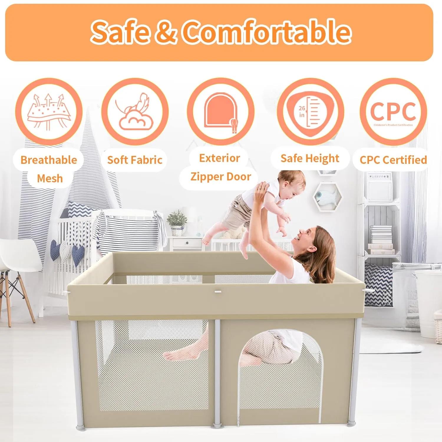 Foldable Playpen 50x50, Foldable Ultra-Portable Baby Playpen, Instantly Deployed in Three Seconds, Safe Baby Playard with Soft Breathable Mesh, Perfect Activity Center for Baby's Play, Beige