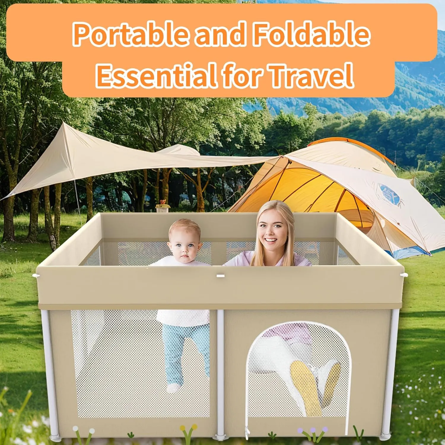 Foldable Playpen 50x50, Foldable Ultra-Portable Baby Playpen, Instantly Deployed in Three Seconds, Safe Baby Playard with Soft Breathable Mesh, Perfect Activity Center for Baby's Play, Beige