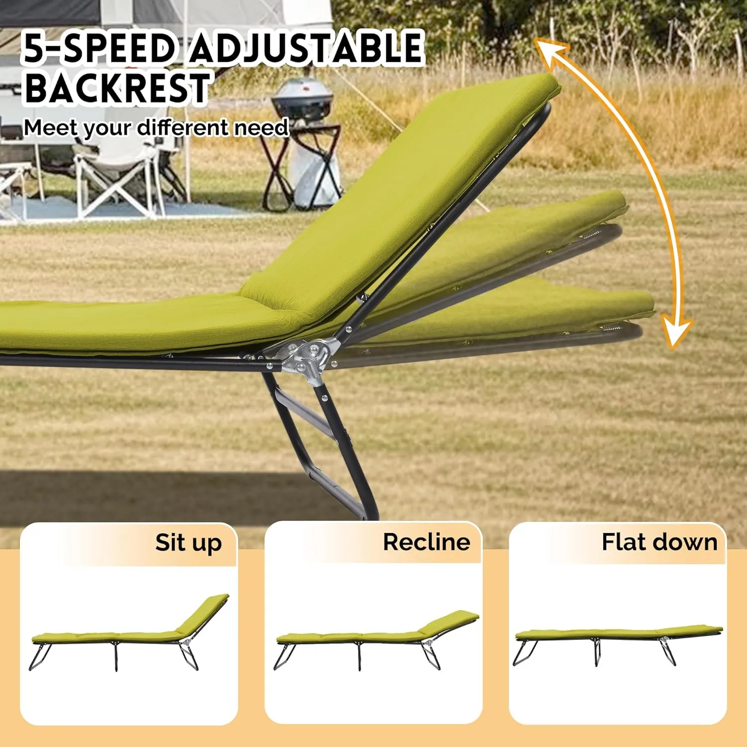 Folding Adult Camping Cot, 5 Angle Adjustable, Heavy Duty Outdoor with Carry Bag, Beach Lounger, Waterproof, 1200 D Layer Oxford Cloth Brigade(Ship from Local Warehouse) (Green)