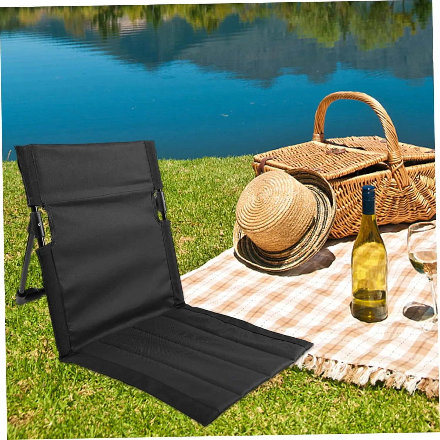 Folding Beach Chair, Breathable Stable Portable Beach Chair with Sponge Filling, Mesh Pocket, Lightweight Soft Sturdy for Fishing, Barbecues, Hiking (Black)