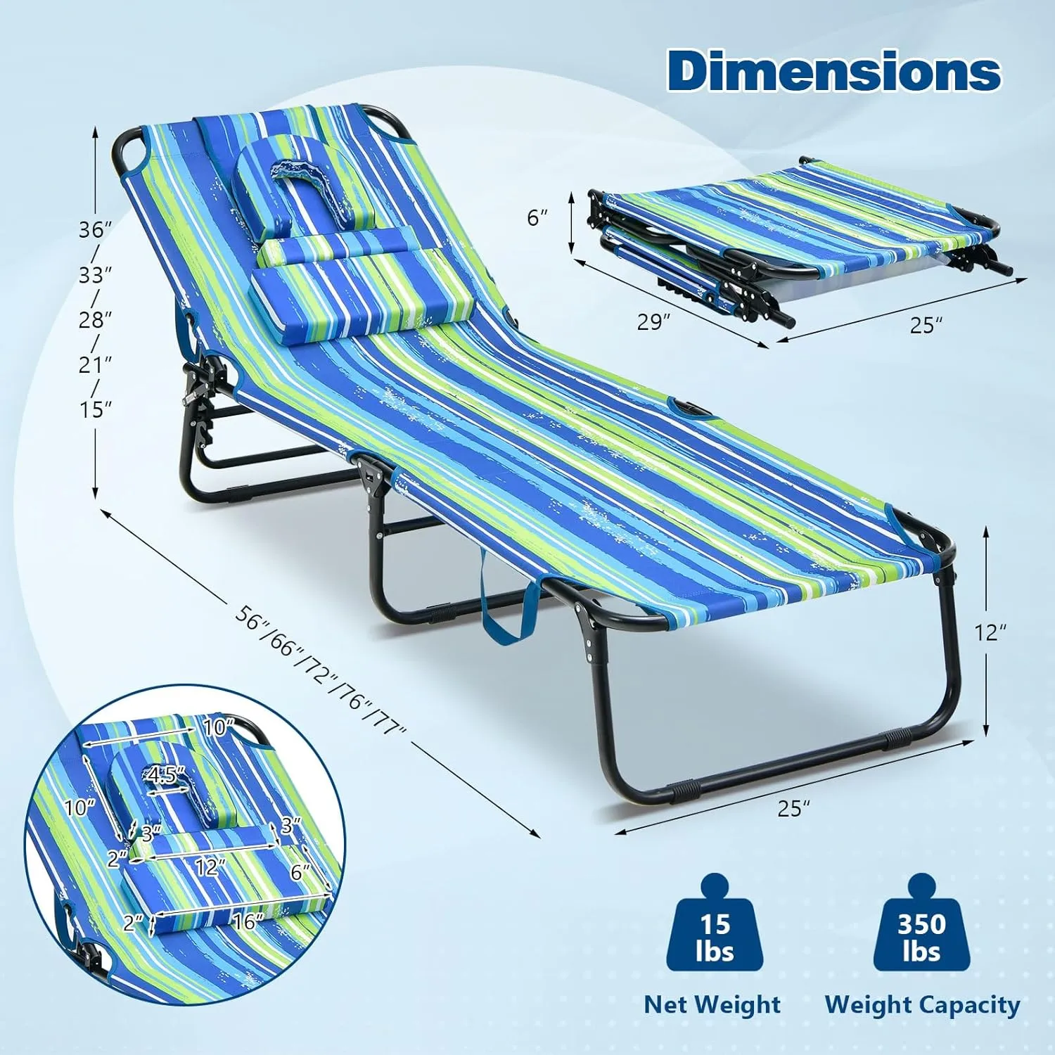 Folding Beach Lounge Chair w/ 5 Adjutable Backrest & Padded Pillow, Sunbathing Lounger Chair, Sun Tanning Lay Flat Chair for Seaside Pool Deck, Max Load 330 LBS, No Assembly Required