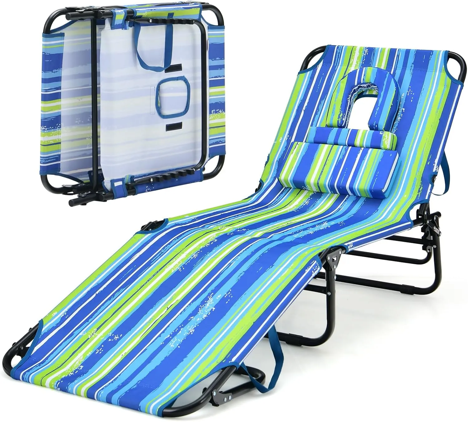 Folding Beach Lounge Chair w/ 5 Adjutable Backrest & Padded Pillow, Sunbathing Lounger Chair, Sun Tanning Lay Flat Chair for Seaside Pool Deck, Max Load 330 LBS, No Assembly Required