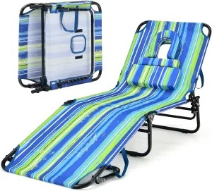 Folding Beach Lounge Chair w/ 5 Adjutable Backrest & Padded Pillow, Sunbathing Lounger Chair, Sun Tanning Lay Flat Chair for Seaside Pool Deck, Max Load 330 LBS, No Assembly Required