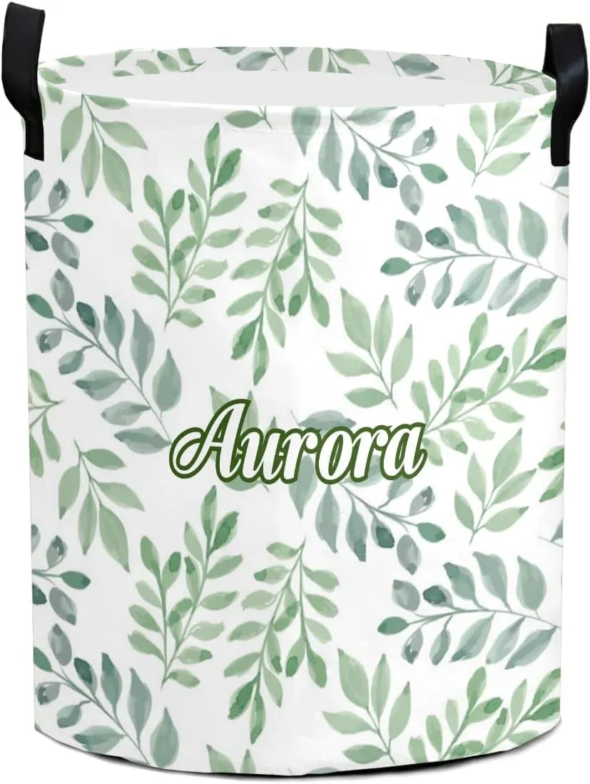 Foliage Watercolor Green Personalized Waterproof Foldable Laundry Basket Bag with Handle, Custom Collapsible Clothes Hamper Storage Bin for Toys Laundry Dorm Travel Bathroom
