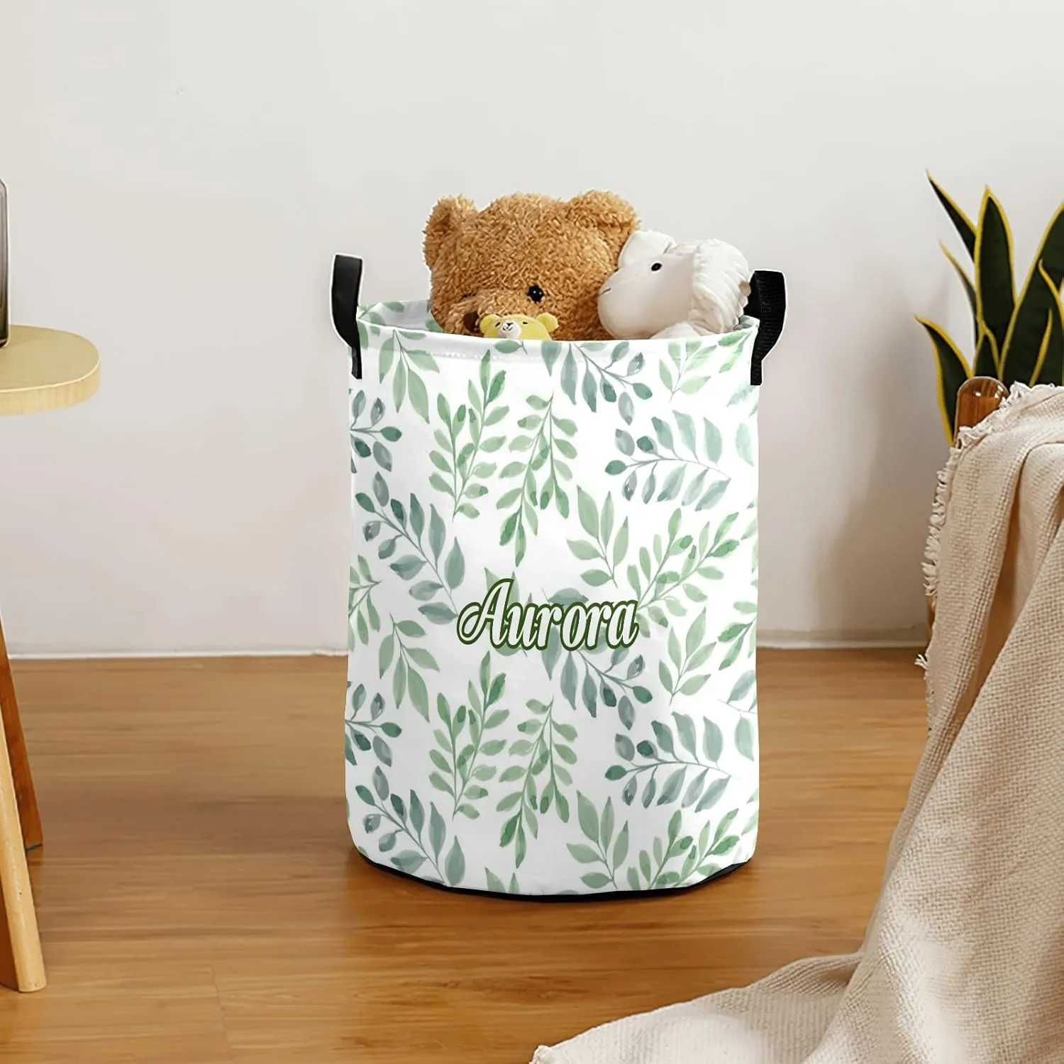Foliage Watercolor Green Personalized Waterproof Foldable Laundry Basket Bag with Handle, Custom Collapsible Clothes Hamper Storage Bin for Toys Laundry Dorm Travel Bathroom
