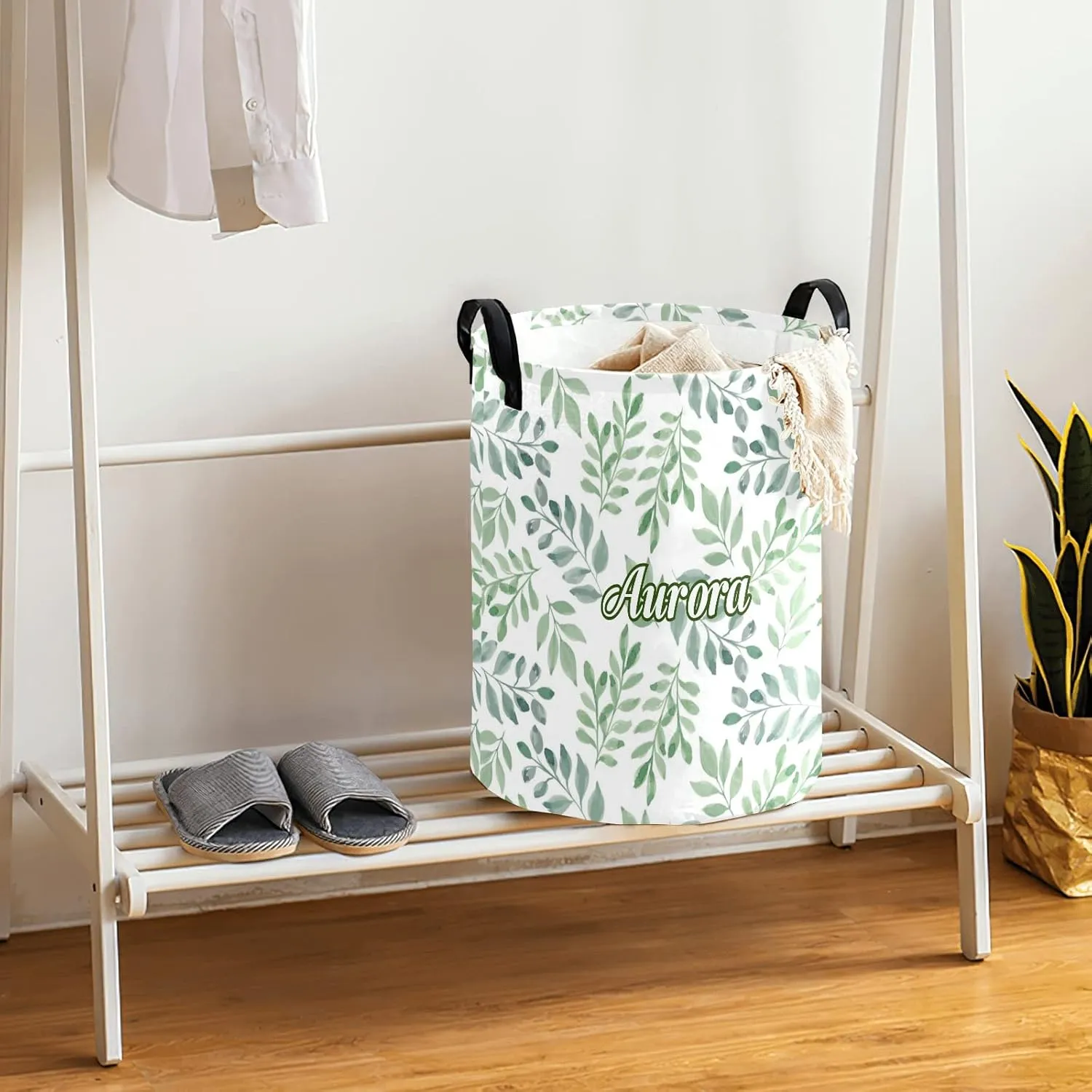 Foliage Watercolor Green Personalized Waterproof Foldable Laundry Basket Bag with Handle, Custom Collapsible Clothes Hamper Storage Bin for Toys Laundry Dorm Travel Bathroom