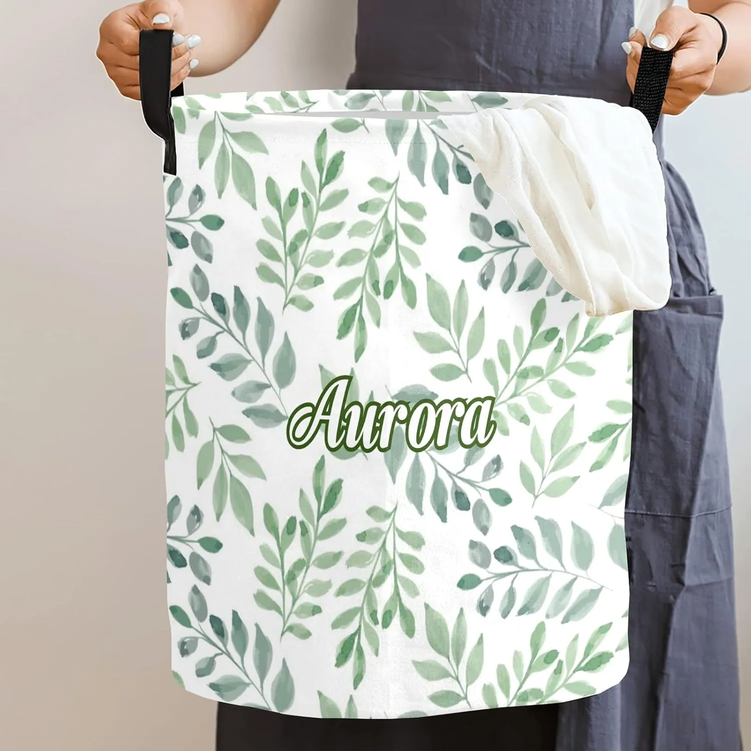 Foliage Watercolor Green Personalized Waterproof Foldable Laundry Basket Bag with Handle, Custom Collapsible Clothes Hamper Storage Bin for Toys Laundry Dorm Travel Bathroom
