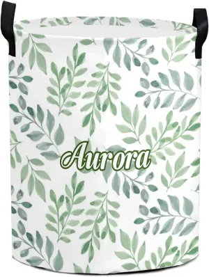 Foliage Watercolor Green Personalized Waterproof Foldable Laundry Basket Bag with Handle, Custom Collapsible Clothes Hamper Storage Bin for Toys Laundry Dorm Travel Bathroom