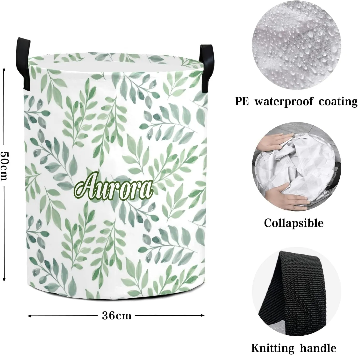 Foliage Watercolor Green Personalized Waterproof Foldable Laundry Basket Bag with Handle, Custom Collapsible Clothes Hamper Storage Bin for Toys Laundry Dorm Travel Bathroom