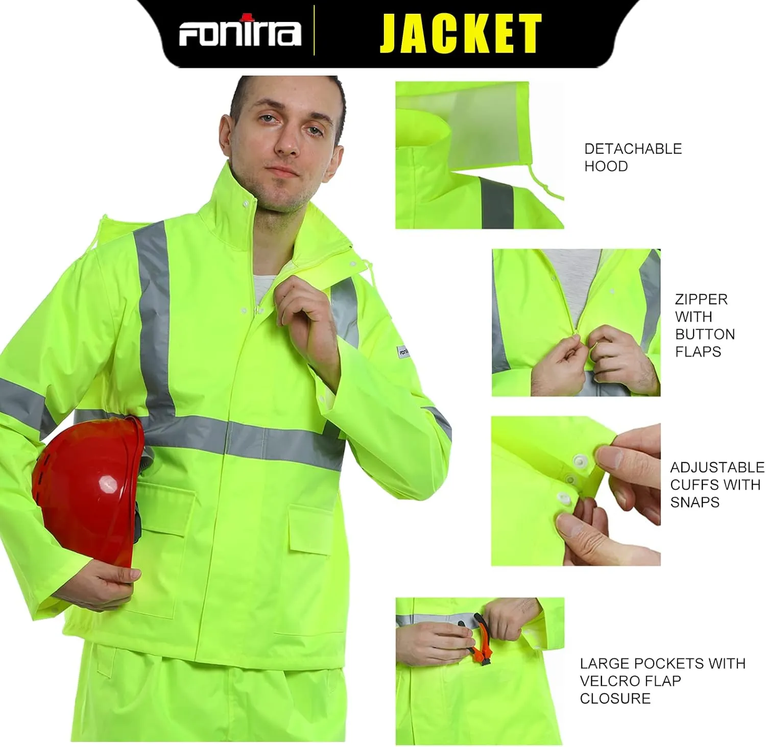 FONIRRA Hi Vis Safety Rainsuit for Men Waterproof Yellow Reflective Class 3 Rain Jacket Gear Pants(L/XL)