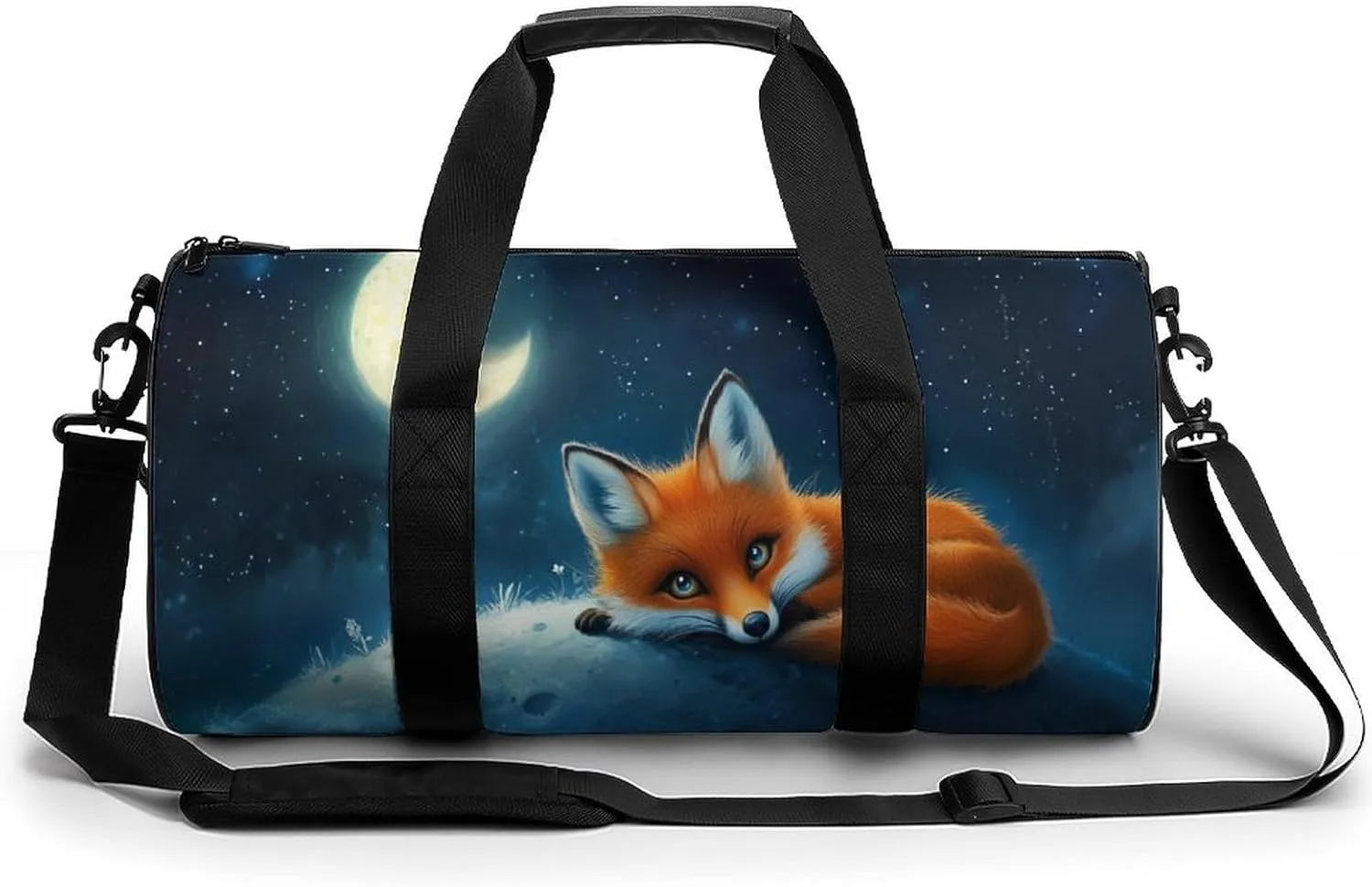 Fox Lying on The Moon Travel Gym Bag for Women Men Humor Cylindrical Duffle Bag Sport Workout Bag with Shoulder Strap