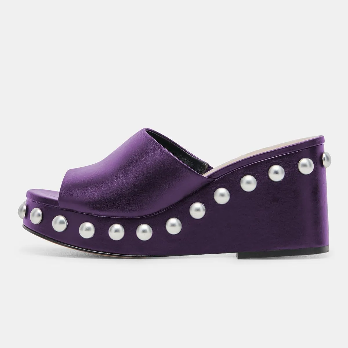 FSJ Women Classic Open Toe Wedge Heels Slide Heeled Sandals Studded Metal Rivets Slip On Mules Summer Casual Dress Shoes Size 4-16 US
