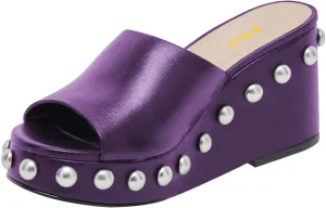 FSJ Women Classic Open Toe Wedge Heels Slide Heeled Sandals Studded Metal Rivets Slip On Mules Summer Casual Dress Shoes Size 4-16 US