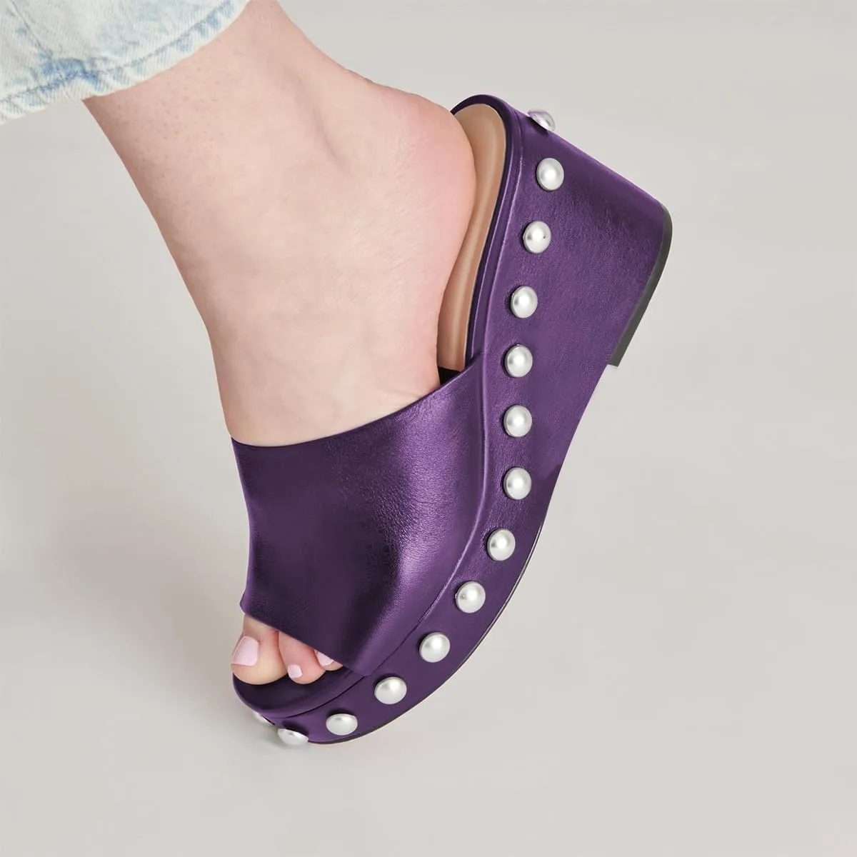 FSJ Women Classic Open Toe Wedge Heels Slide Heeled Sandals Studded Metal Rivets Slip On Mules Summer Casual Dress Shoes Size 4-16 US