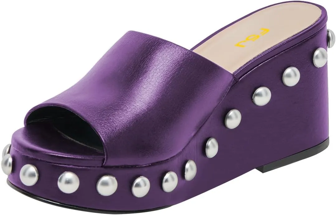 FSJ Women Classic Open Toe Wedge Heels Slide Heeled Sandals Studded Metal Rivets Slip On Mules Summer Casual Dress Shoes Size 4-16 US