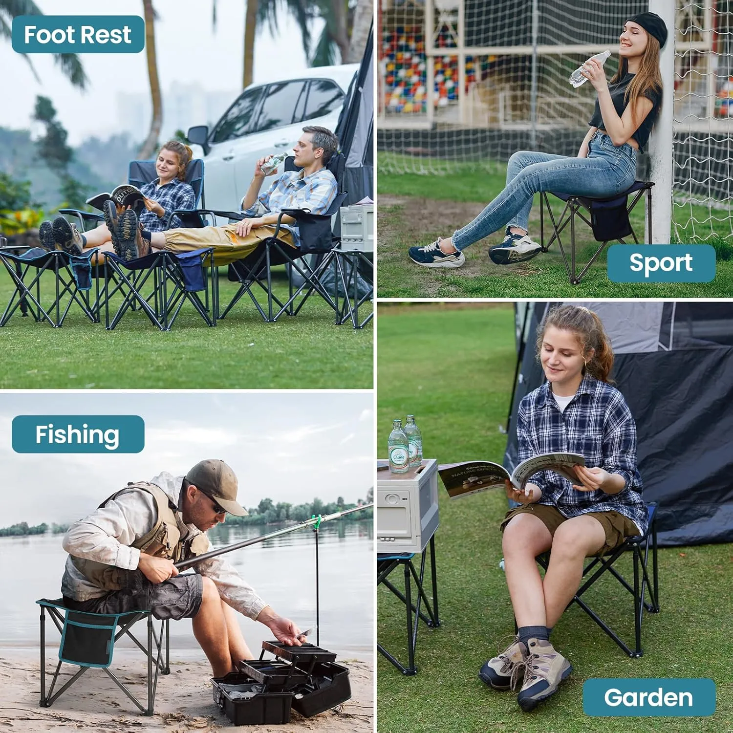 FUNDANGO Folding Camping Stool, 2 Pack 18.1 Inch Oversized Foot Rest 400 Lbs Heavy Duty Portable Padded Stools Seat Anti-Slip Foots & Carry Strap for Fishing Outdoor Lawn Travel (Blue)