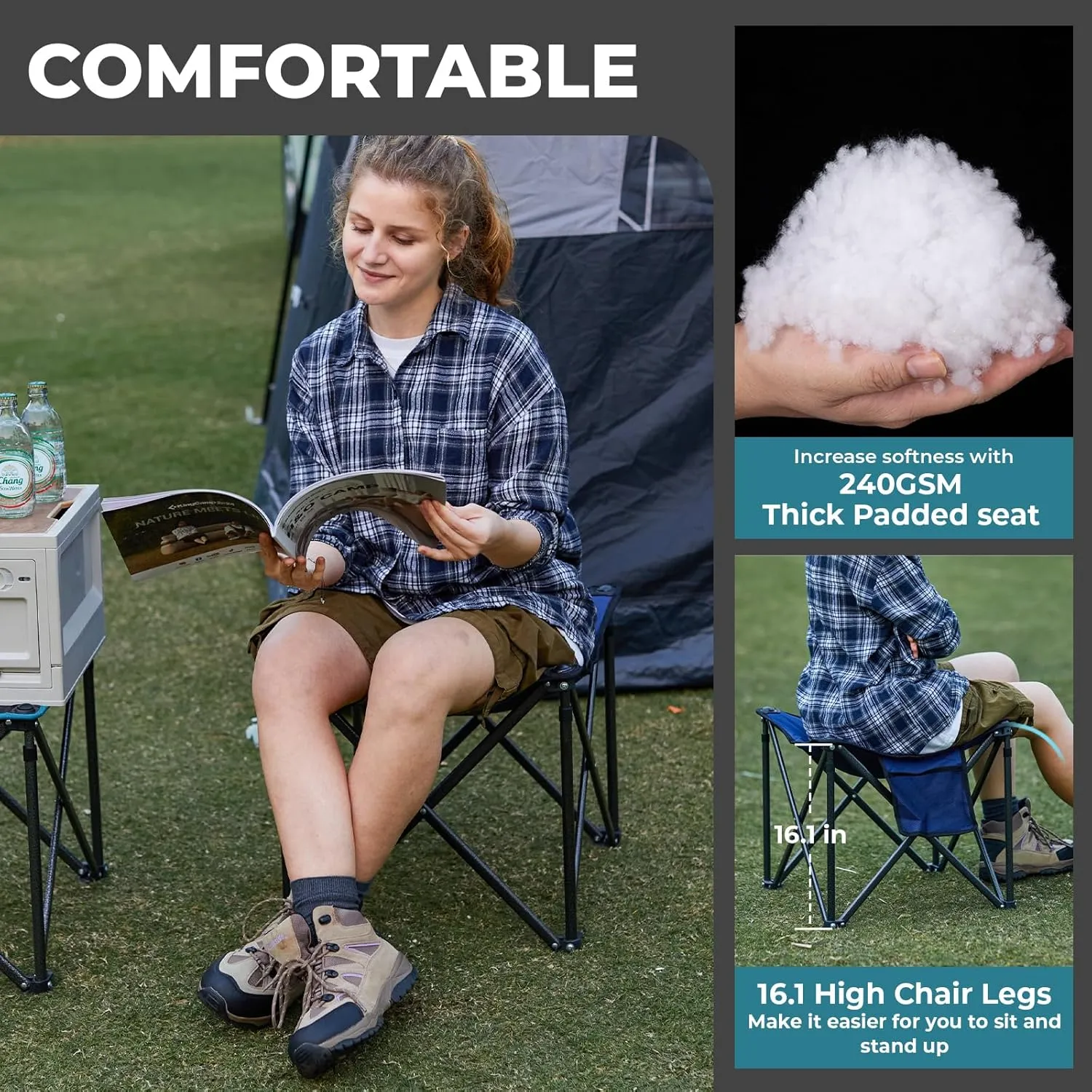 FUNDANGO Folding Camping Stool, 2 Pack 18.1 Inch Oversized Foot Rest 400 Lbs Heavy Duty Portable Padded Stools Seat Anti-Slip Foots & Carry Strap for Fishing Outdoor Lawn Travel (Blue)