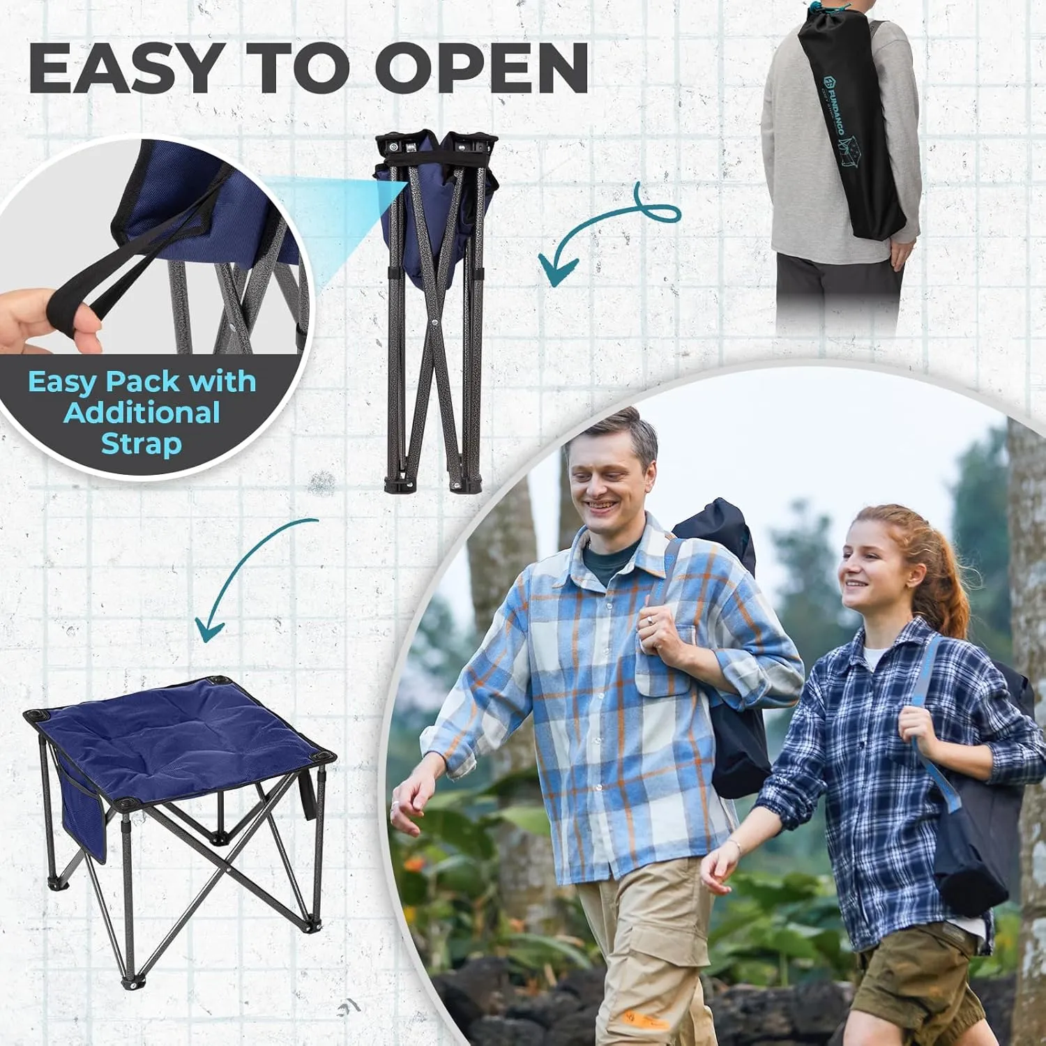 FUNDANGO Folding Camping Stool, 2 Pack 18.1 Inch Oversized Foot Rest 400 Lbs Heavy Duty Portable Padded Stools Seat Anti-Slip Foots & Carry Strap for Fishing Outdoor Lawn Travel (Blue)