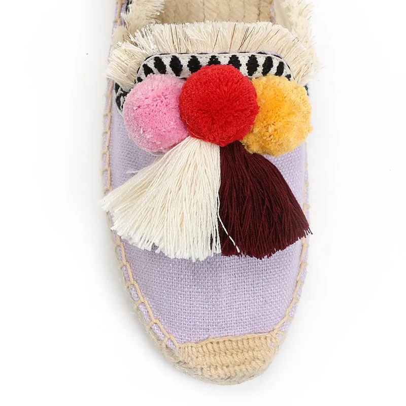 Furry Slippers Women Rubber Hemp Colors Spring Summer Tassel Fluffy Ball Canvas
