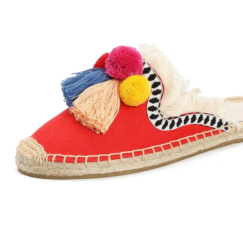 Furry Slippers Women Rubber Hemp Colors Spring Summer Tassel Fluffy Ball Canvas