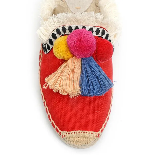 Furry Slippers Women Rubber Hemp Colors Spring Summer Tassel Fluffy Ball Canvas