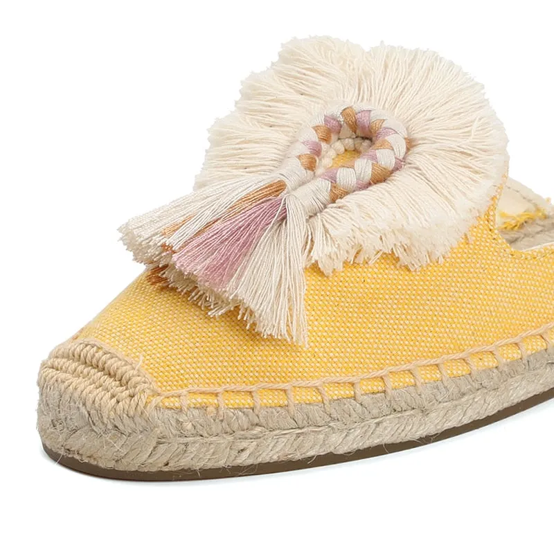 Furry Slippers Women Rubber Hemp Colors Spring Summer Tassel Fluffy Ball Canvas