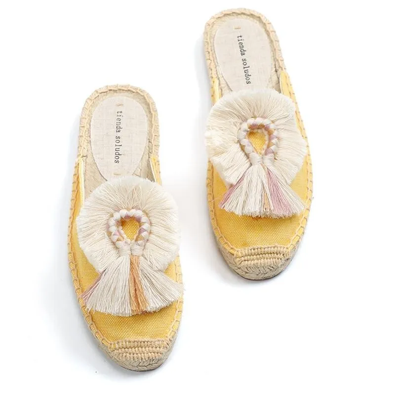 Furry Slippers Women Rubber Hemp Colors Spring Summer Tassel Fluffy Ball Canvas