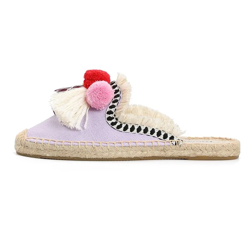 Furry Slippers Women Rubber Hemp Colors Spring Summer Tassel Fluffy Ball Canvas