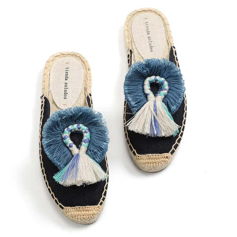 Furry Slippers Women Rubber Hemp Colors Spring Summer Tassel Fluffy Ball Canvas