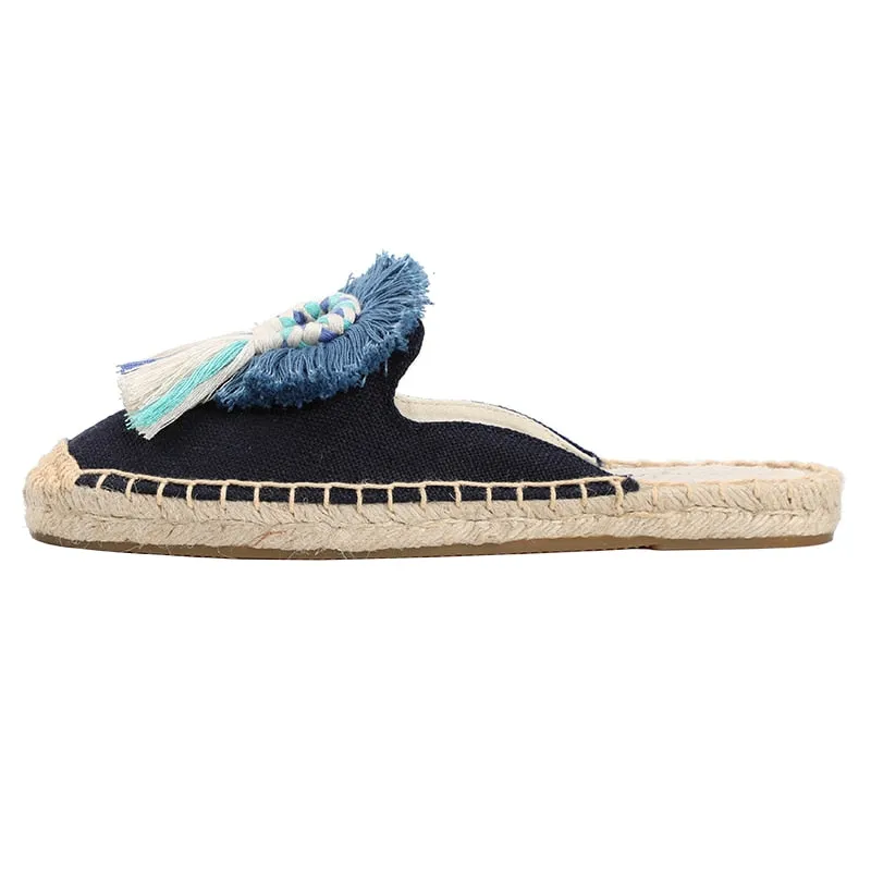 Furry Slippers Women Rubber Hemp Colors Spring Summer Tassel Fluffy Ball Canvas