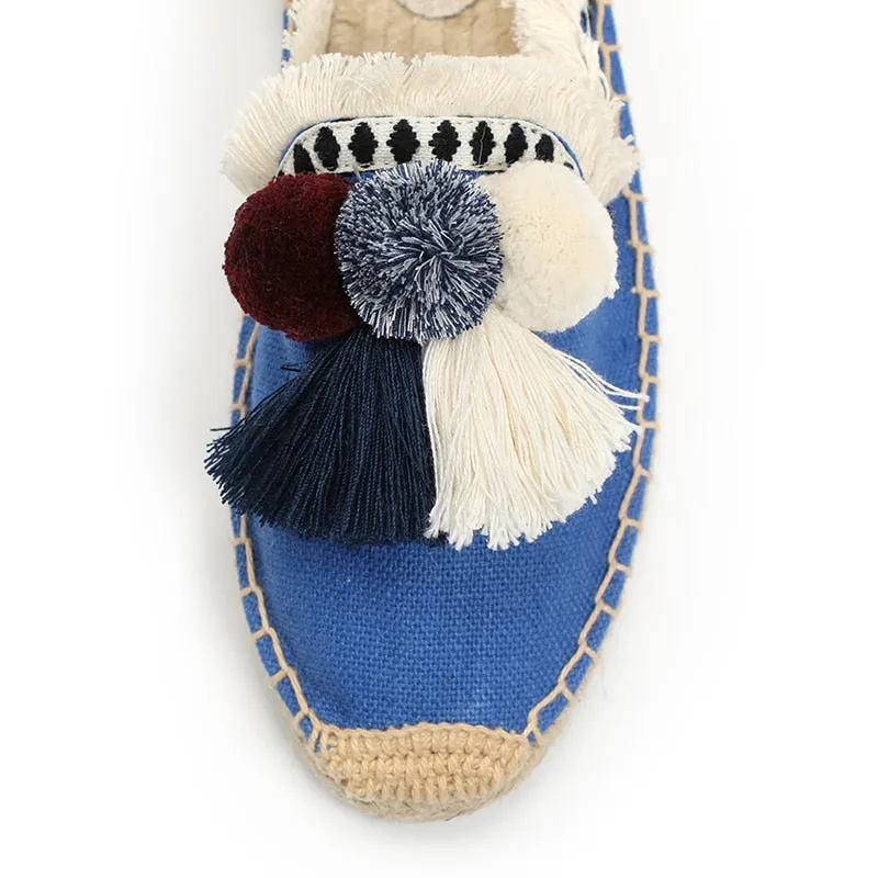 Furry Slippers Women Rubber Hemp Colors Spring Summer Tassel Fluffy Ball Canvas