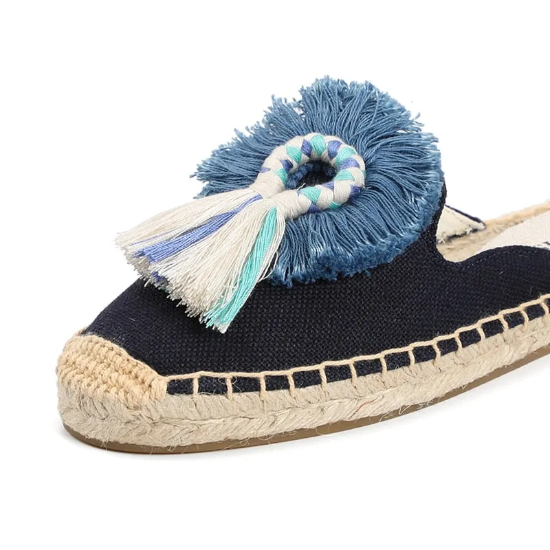 Furry Slippers Women Rubber Hemp Colors Spring Summer Tassel Fluffy Ball Canvas