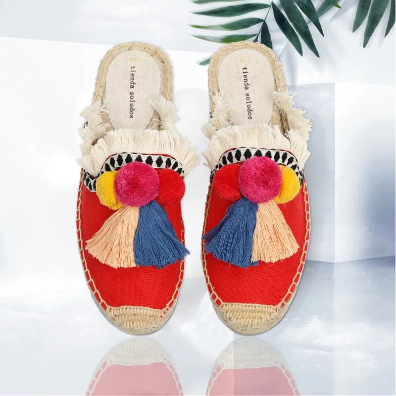 Furry Slippers Women Rubber Hemp Colors Spring Summer Tassel Fluffy Ball Canvas