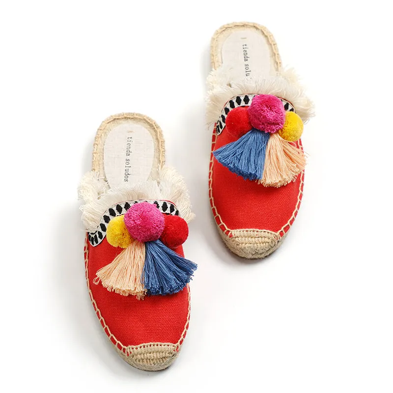 Furry Slippers Women Rubber Hemp Colors Spring Summer Tassel Fluffy Ball Canvas