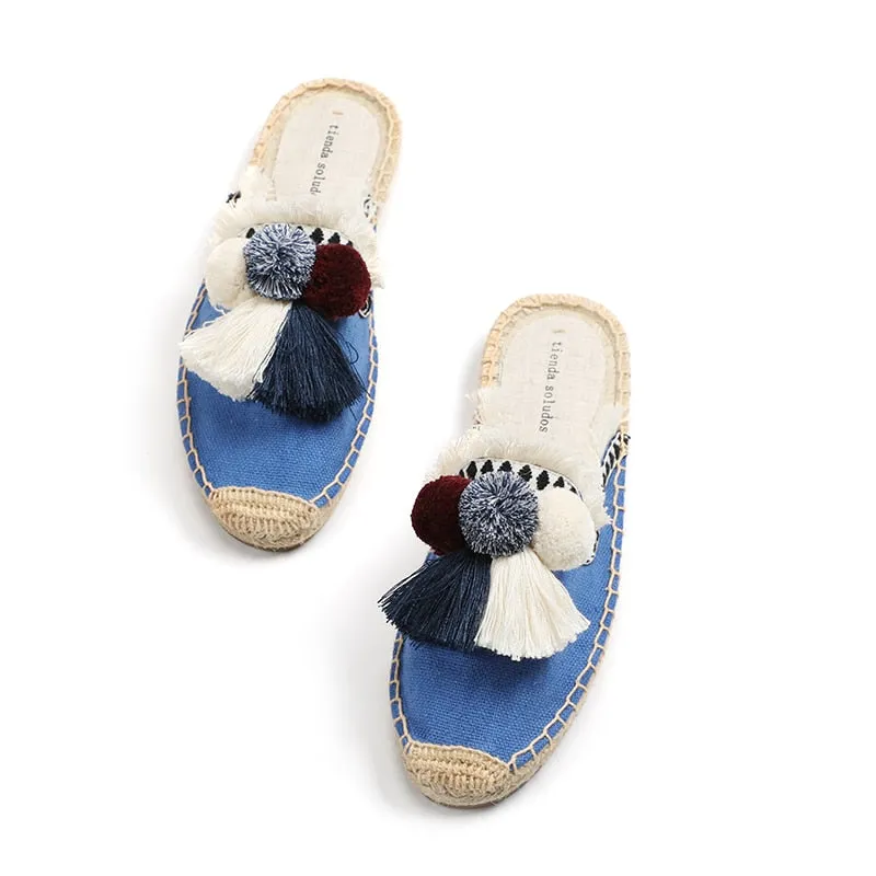Furry Slippers Women Rubber Hemp Colors Spring Summer Tassel Fluffy Ball Canvas