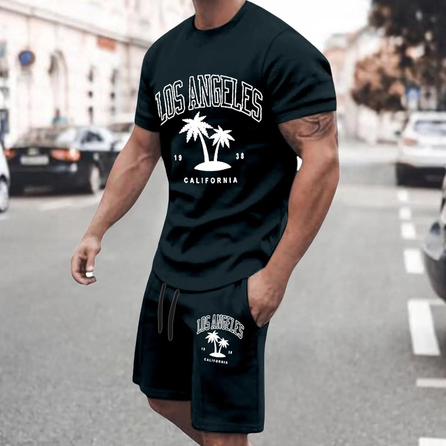 Fxbar Mens 2 Piece Outfits Short Sets Workout Sets Gradient Print Loose T Shirt Summer Sports Beach Vacation Clothes Men