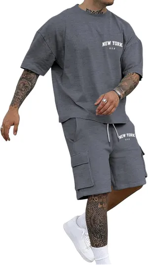Fxbar Mens Outfit 2 Piece Casual Loose Fit Short Sleeve T-Shirt Sets with Shorts Crew Neck Workout Soft Lightweight Tops