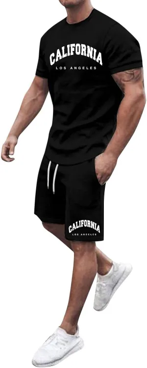 Fxbar Mens Short Sets 2 Piece Outfits Casual Summer Tracksuits Fashion Solid Color Short Sleeve T Shirt and Shorts Set