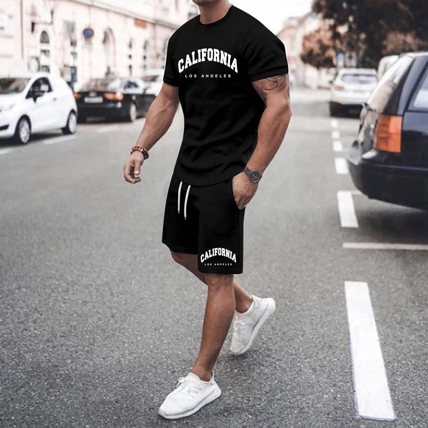 Fxbar Mens Short Sets 2 Piece Outfits Casual Summer Tracksuits Fashion Solid Color Short Sleeve T Shirt and Shorts Set