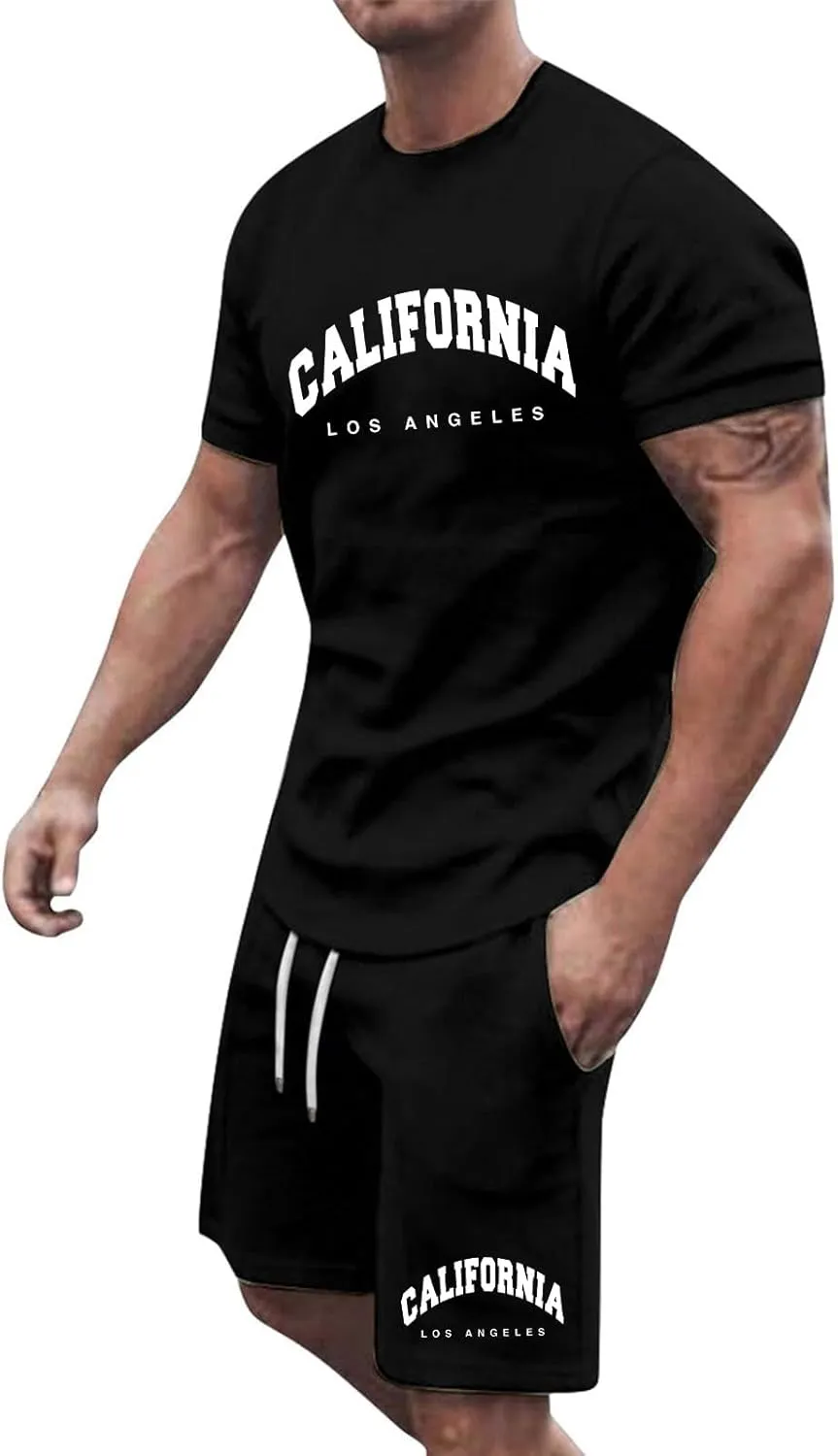 Fxbar Mens Short Sets 2 Piece Outfits Casual Summer Tracksuits Fashion Solid Color Short Sleeve T Shirt and Shorts Set