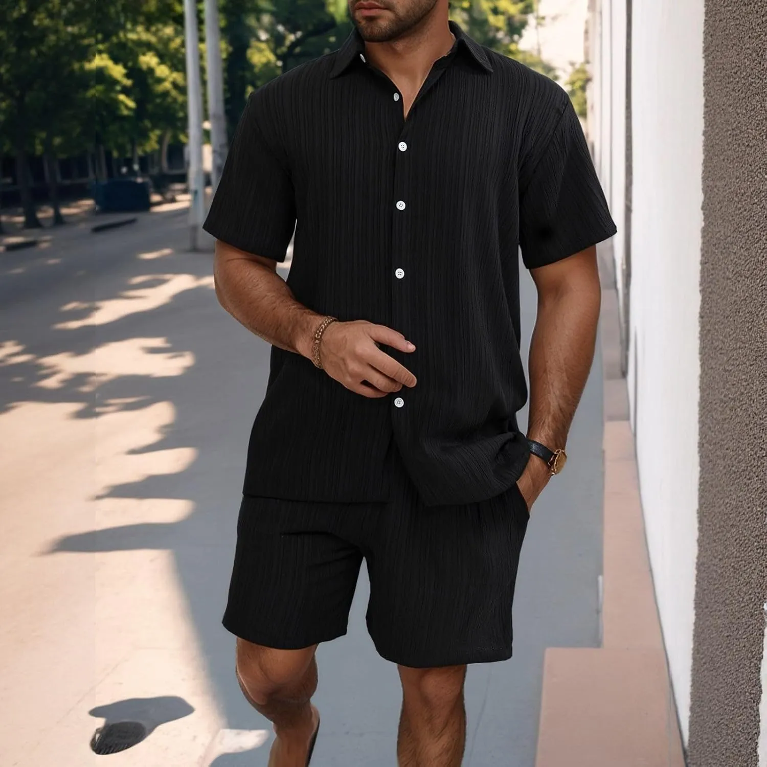 Fxbar Men's Summer 2 Piece Outfits Button Down Shirt and Shorts Beach Vacation Clothes Drawstring Tracksuit Set