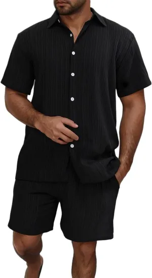 Fxbar Men's Summer 2 Piece Outfits Button Down Shirt and Shorts Beach Vacation Clothes Drawstring Tracksuit Set