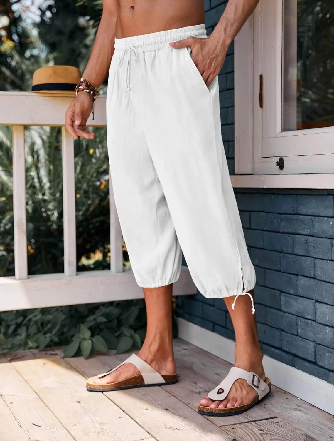 Gafeng Mens Harem Capri Pants Beach Yoga Baggy 3/4 Shorts Casual Drawstring Summer Wide Leg Pants