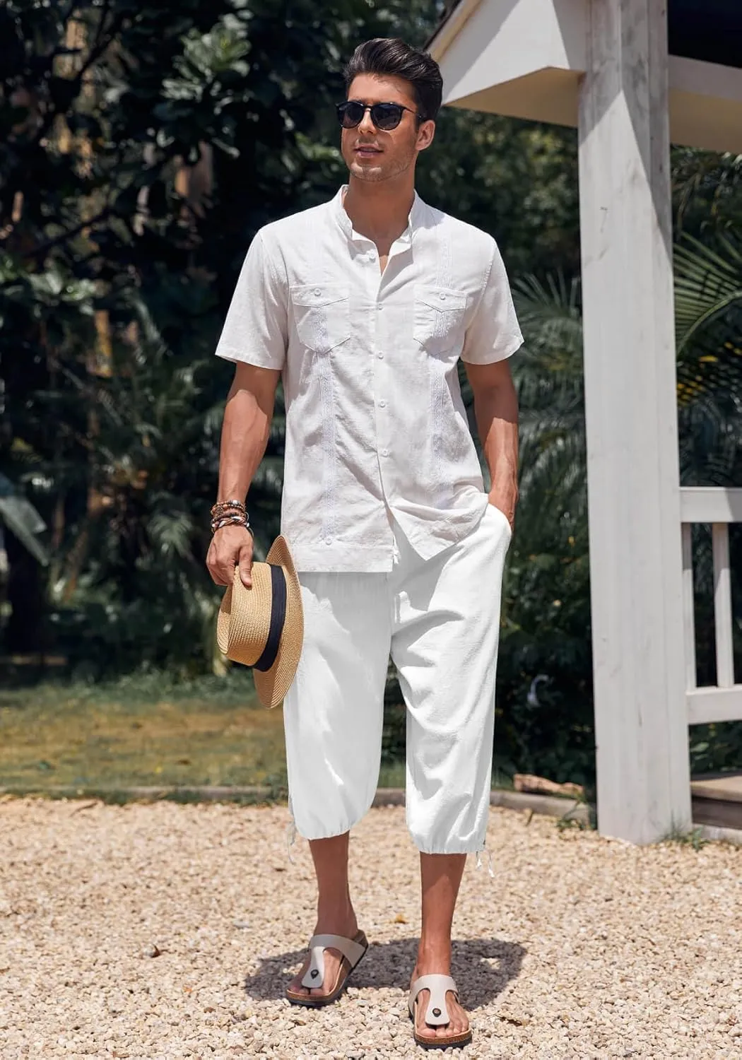 Gafeng Mens Harem Capri Pants Beach Yoga Baggy 3/4 Shorts Casual Drawstring Summer Wide Leg Pants