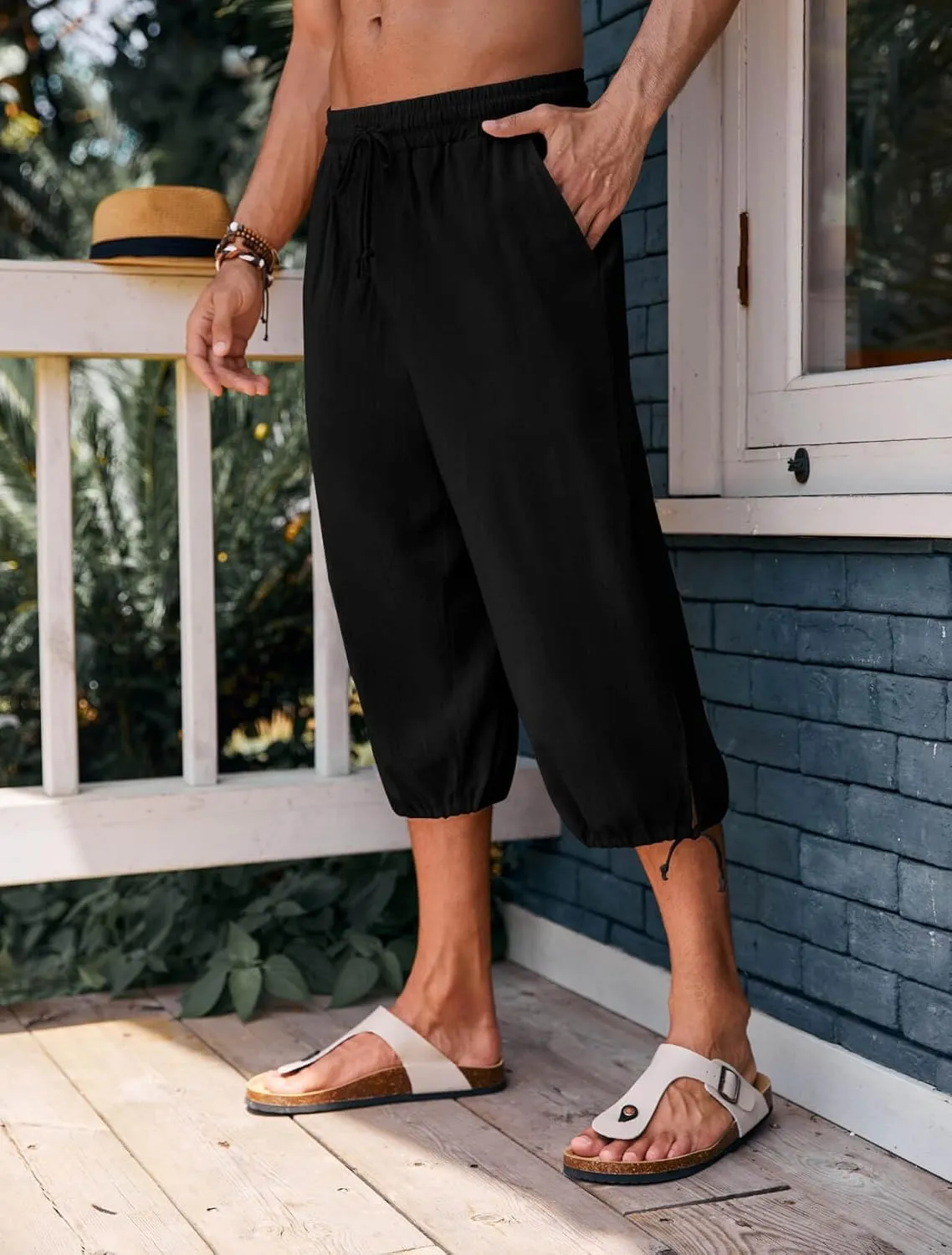 Gafeng Mens Harem Capri Pants Beach Yoga Baggy 3/4 Shorts Casual Drawstring Summer Wide Leg Pants