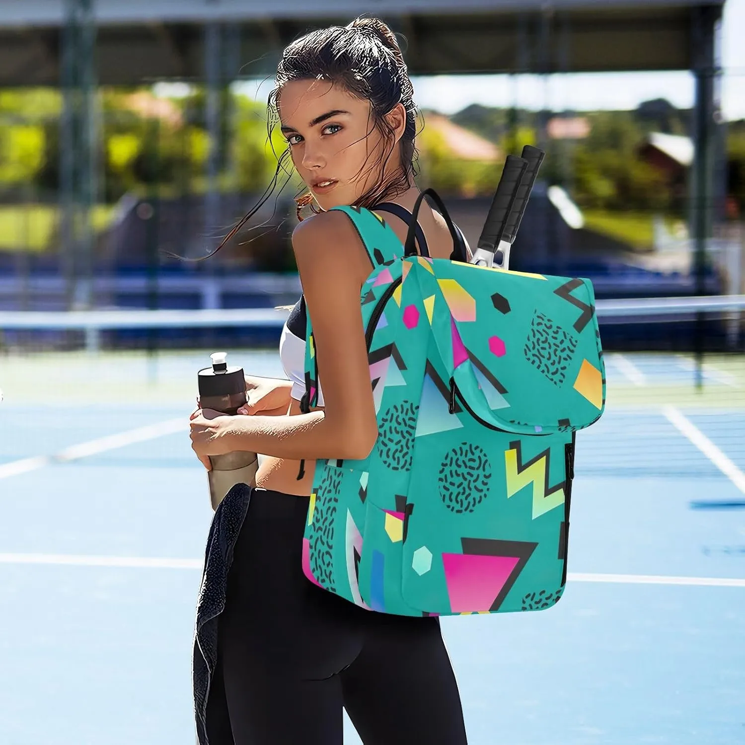 GAIGEO Teal Dragonflies Dark Tennis Backpack, Large Capacity Tennis Racket Bag, Various Storage Methods