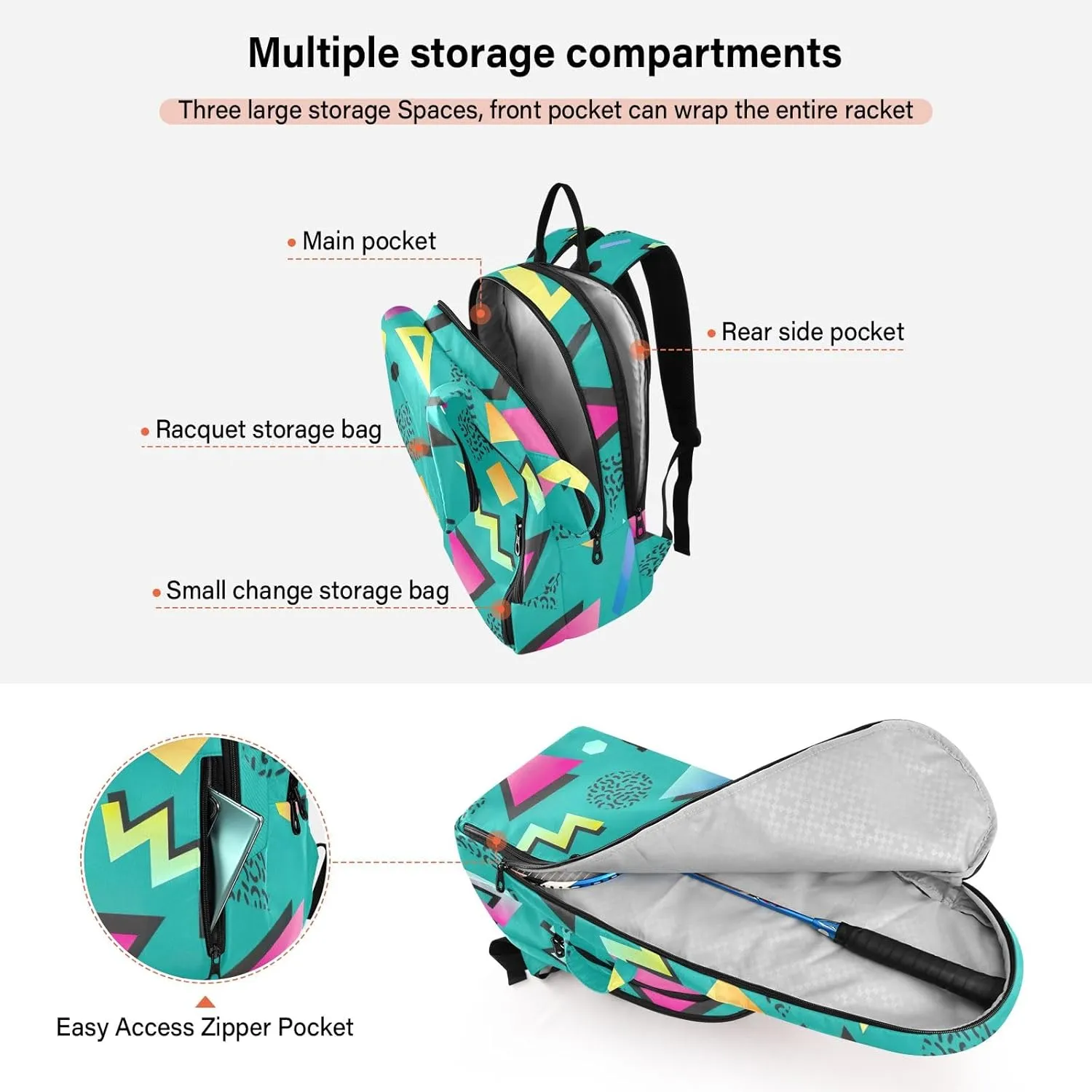GAIGEO Teal Dragonflies Dark Tennis Backpack, Large Capacity Tennis Racket Bag, Various Storage Methods