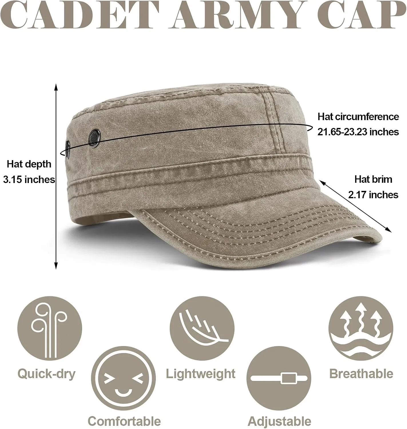 Geyoga Army Cap 2 Pieces Cadet Military Hat for Men Women Washed Cotton Flat Top Cap Unisex Outdoor Sports Casual Sun Hat